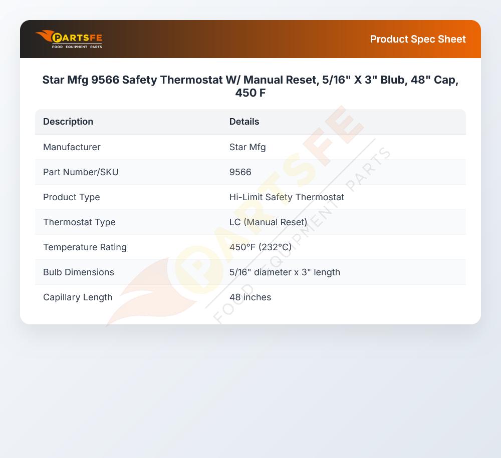 Star Mfg 9566 Safety Thermostat W/MR 5/16" X 3" Blub 48" CAP 450&deg;F