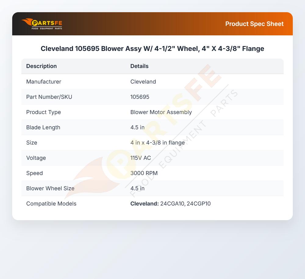 Cleveland 105695 Blower Assembly W/ 4-1/2" Wheel 4" X 4-3/8" Flange