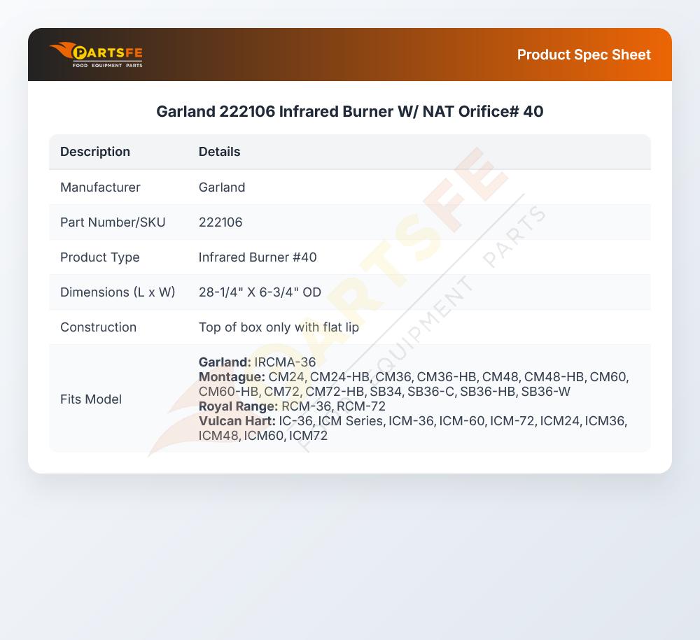 Garland 222106 Infrared Burner 27-1/4" X 6-3/4"