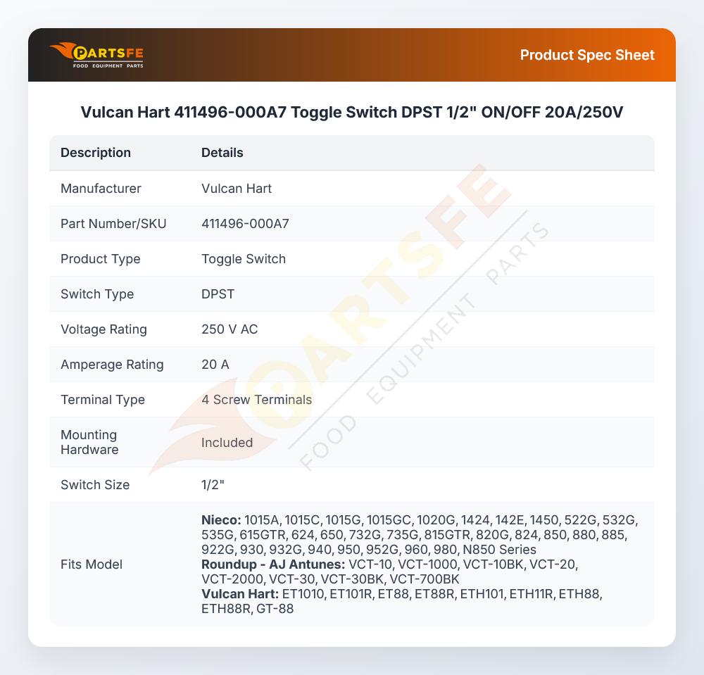 Vulcan Hart 411496-000A7 Toggle Switch DPST 1/2" ON/OFF 20A/250V