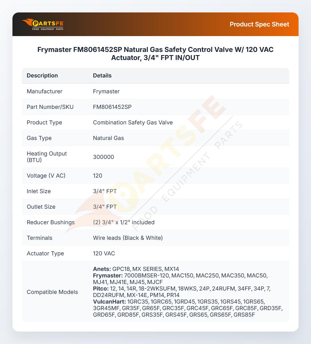 Frymaster FM8061452SP Gas Control 120V 60Hz