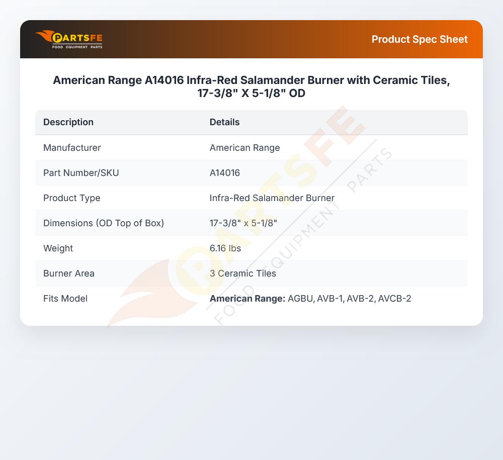 American Range A14016 Infrared Boiler Burner 17-3/8" X 5-1/8" OD