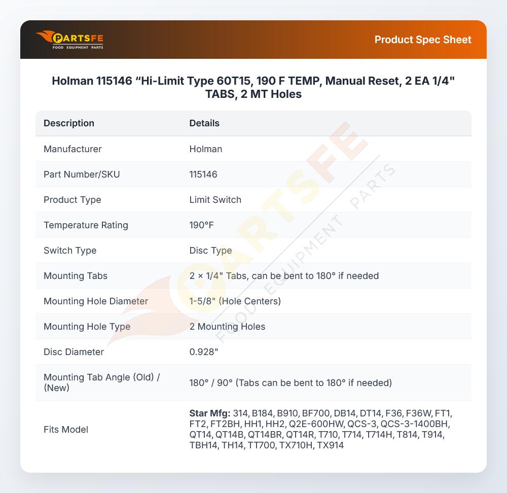 Holman 115146 &ldquo;Hi-Limit Type 60T15, 190 F TEMP, Manual Reset, 2 EA 1/4" TABS, 2 MT Holes