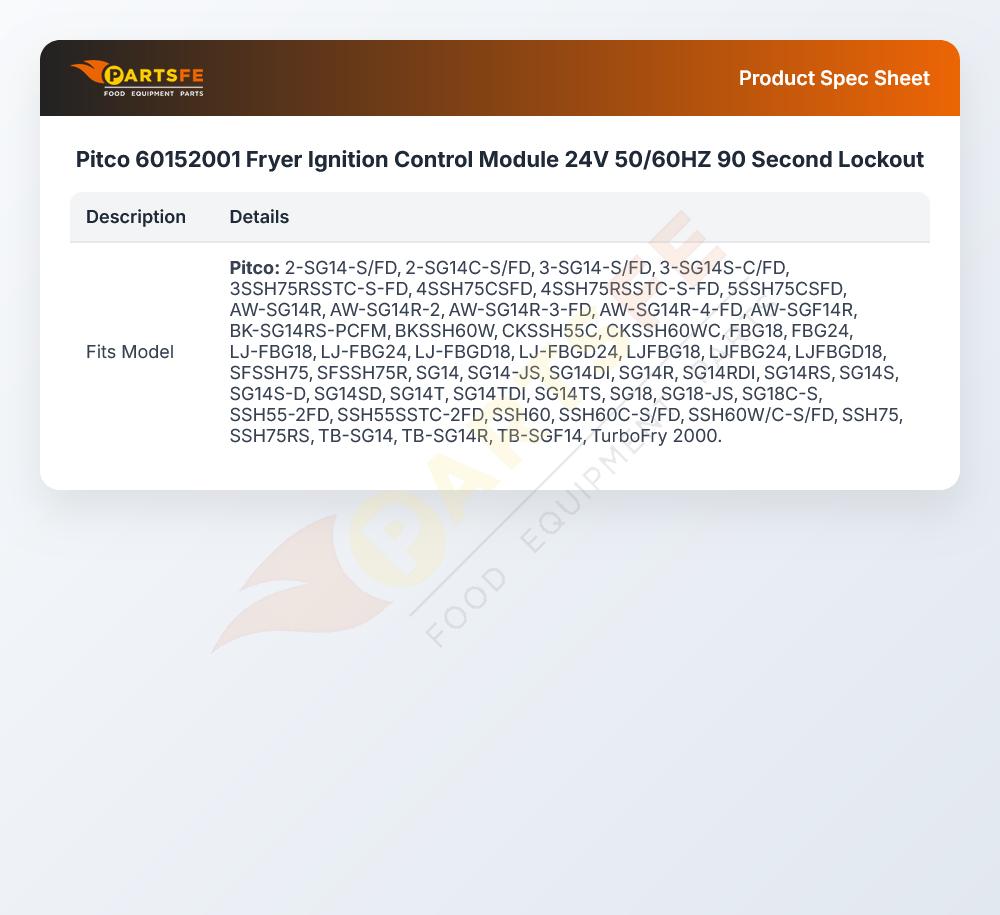 Pitco 60152001 Fryer Ignition Control Module 24V 50/60HZ 90 Second Lockout