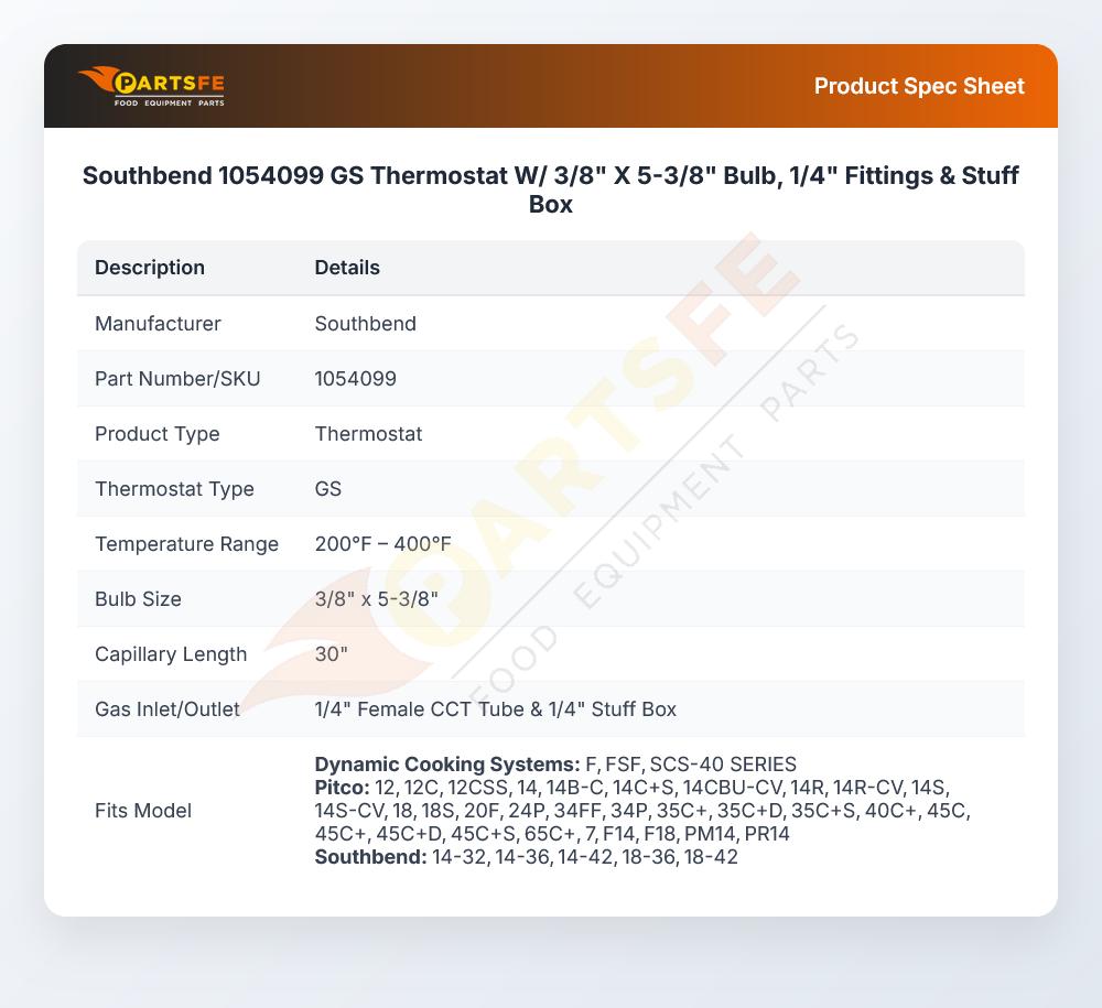 Southbend 1054099 Thermostat 200&deg;F-400&deg;F 28" CAP GS