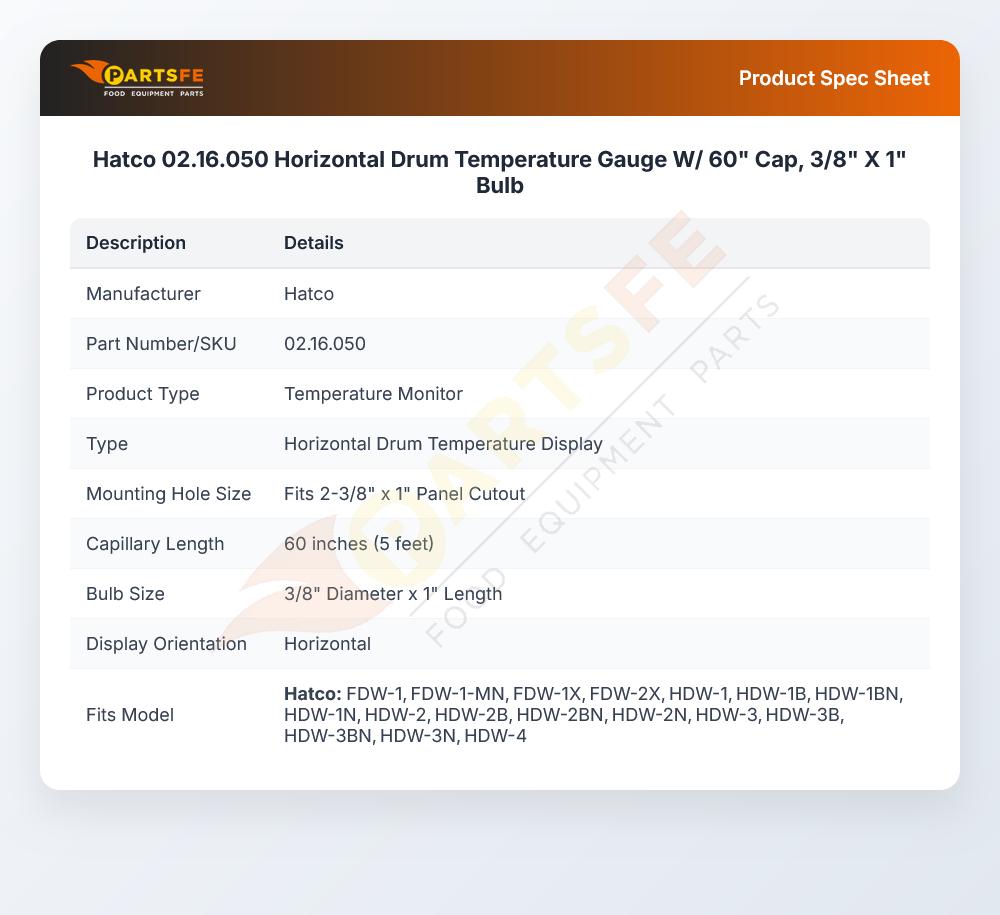 Hatco 02.16.050 Display Cabinet Horizontal Drum Temperature Gauge W/60" Cap 3/8" X 1" Bulb