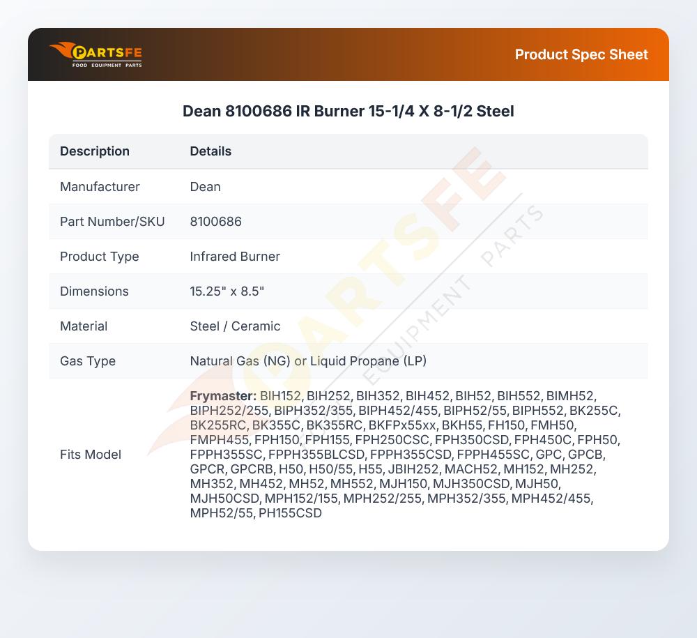 Dean 8100686 IR Burner 15-1/4" X 8-1/2" Steel