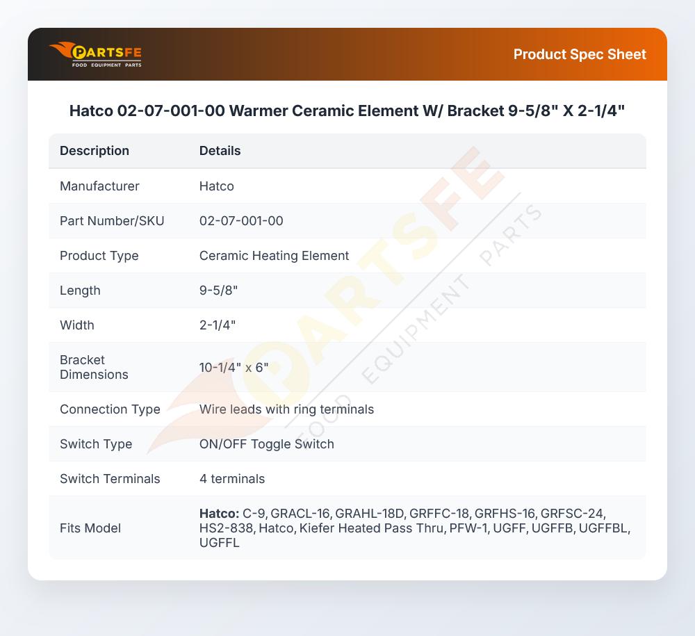 Hatco 02-07-001-00 Warmer Ceramic Element W/ Bracket  9-5/8" X 2-1/4"
