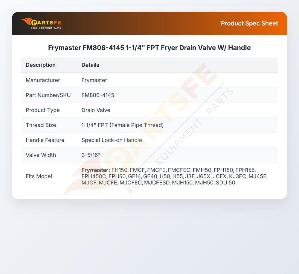 Frymaster FM806-4145 Fryer Drain Valve W/Handle 1-1/4" FPT