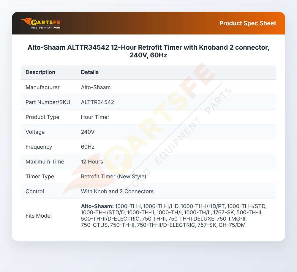 Alto-Shaam ALTTR34542 Oven Retrofit Timer W/Knob And 2-Connector 12-Hour 240V 60Hz