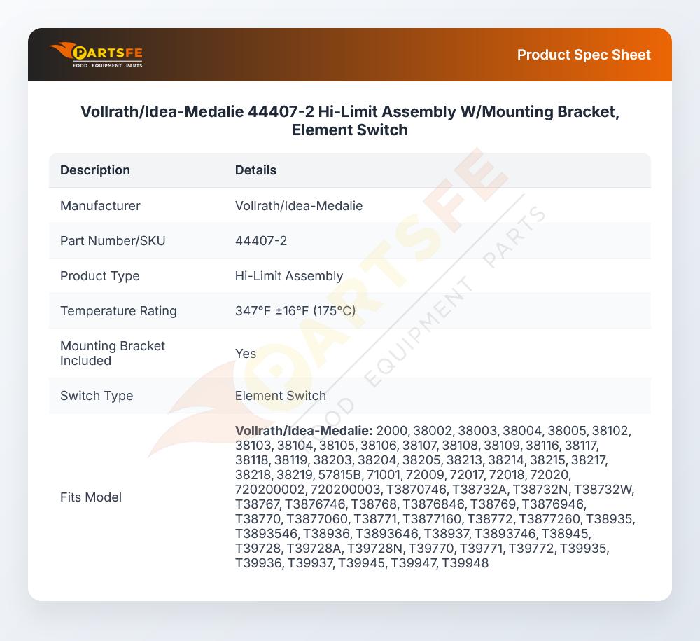 Vollrath 44407-2 Hi-Limit Assembly W/Mounting Bracket Element Switch