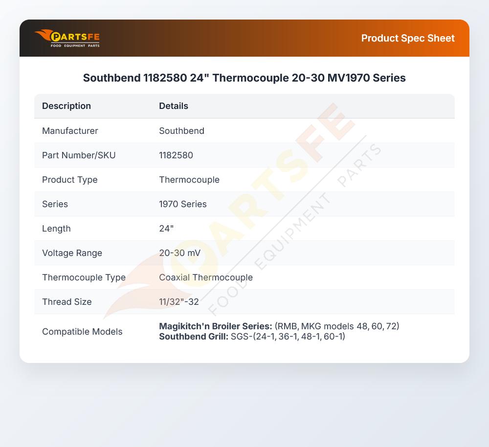 Southbend 1182580 Griddle Thermocouple 24" 20-30 MV1970 Series