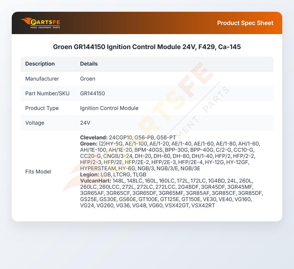 Groen GR144150 Convection Steamer Ignition Control Module 24V F429 CA-145