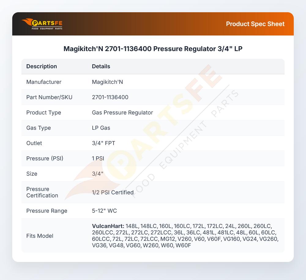 Magikitch'N 2701-1136400 Pressure Regulator 3/4" LP