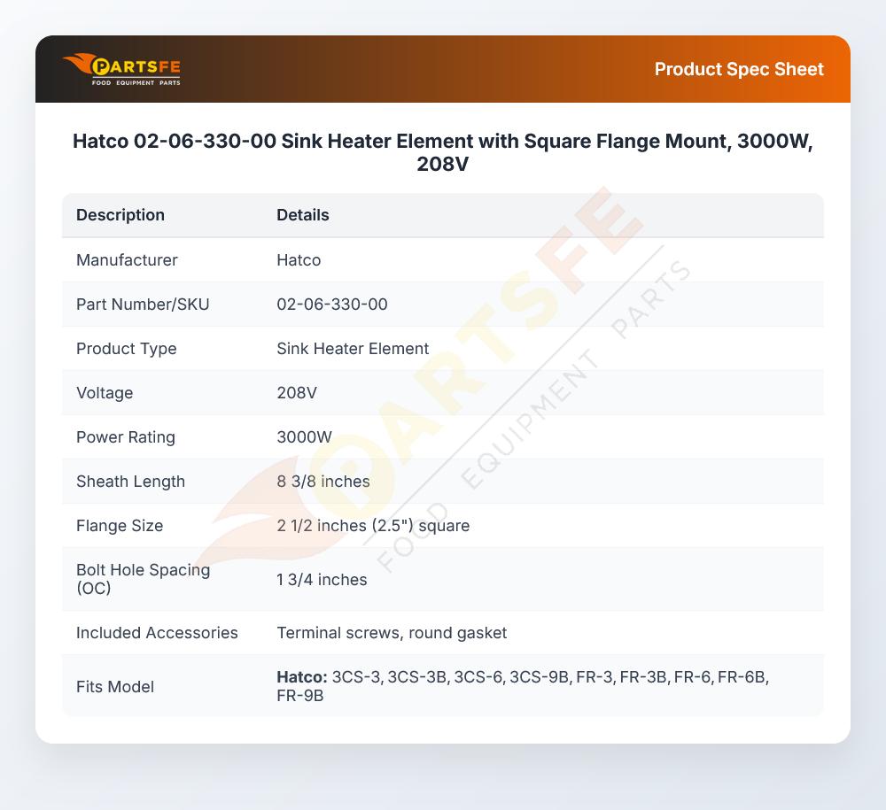 Hatco 02-06-330-00 Sink Heater Element with Square Flange Mount, 3000W, 208V