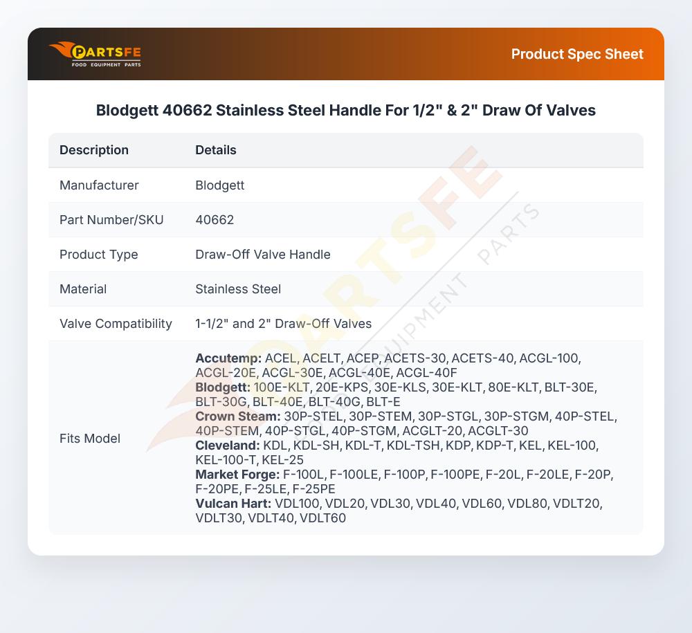 Blodgett 40662 Stainless Steel Handle For 1/2" & 2" Draw Of Valves