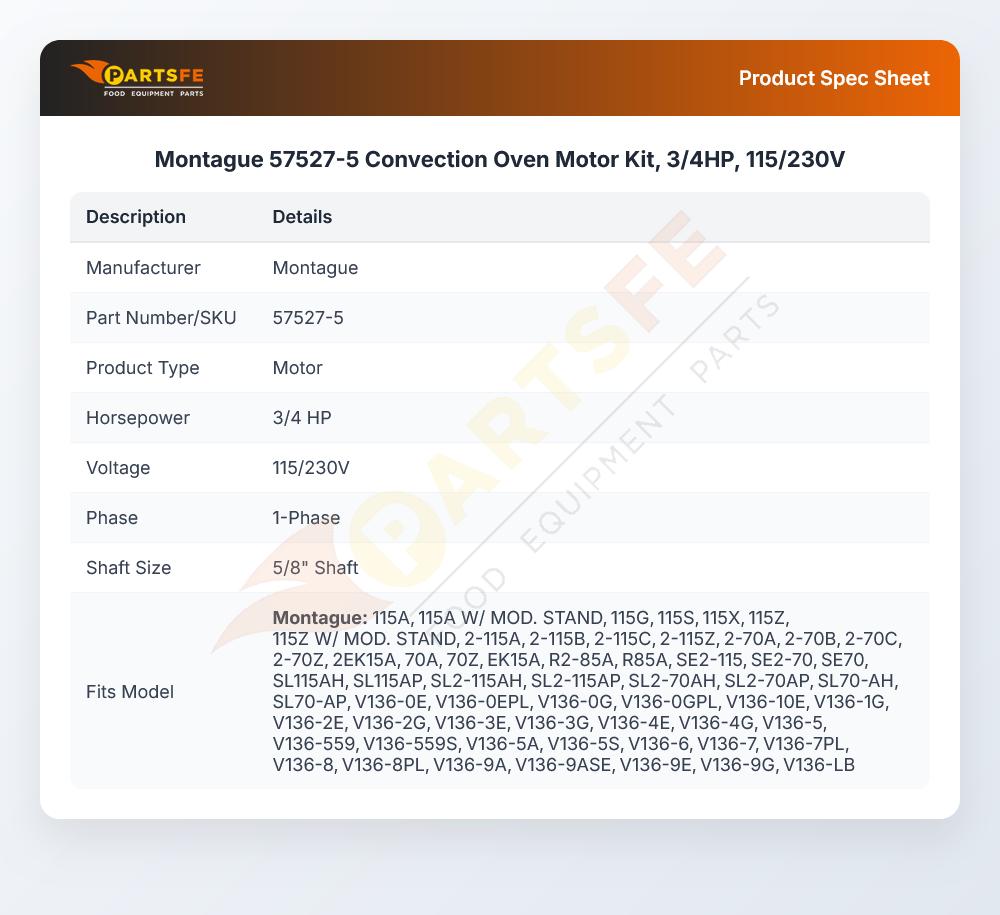 Montague 57527-5 Convection Oven Blower Motor Kit