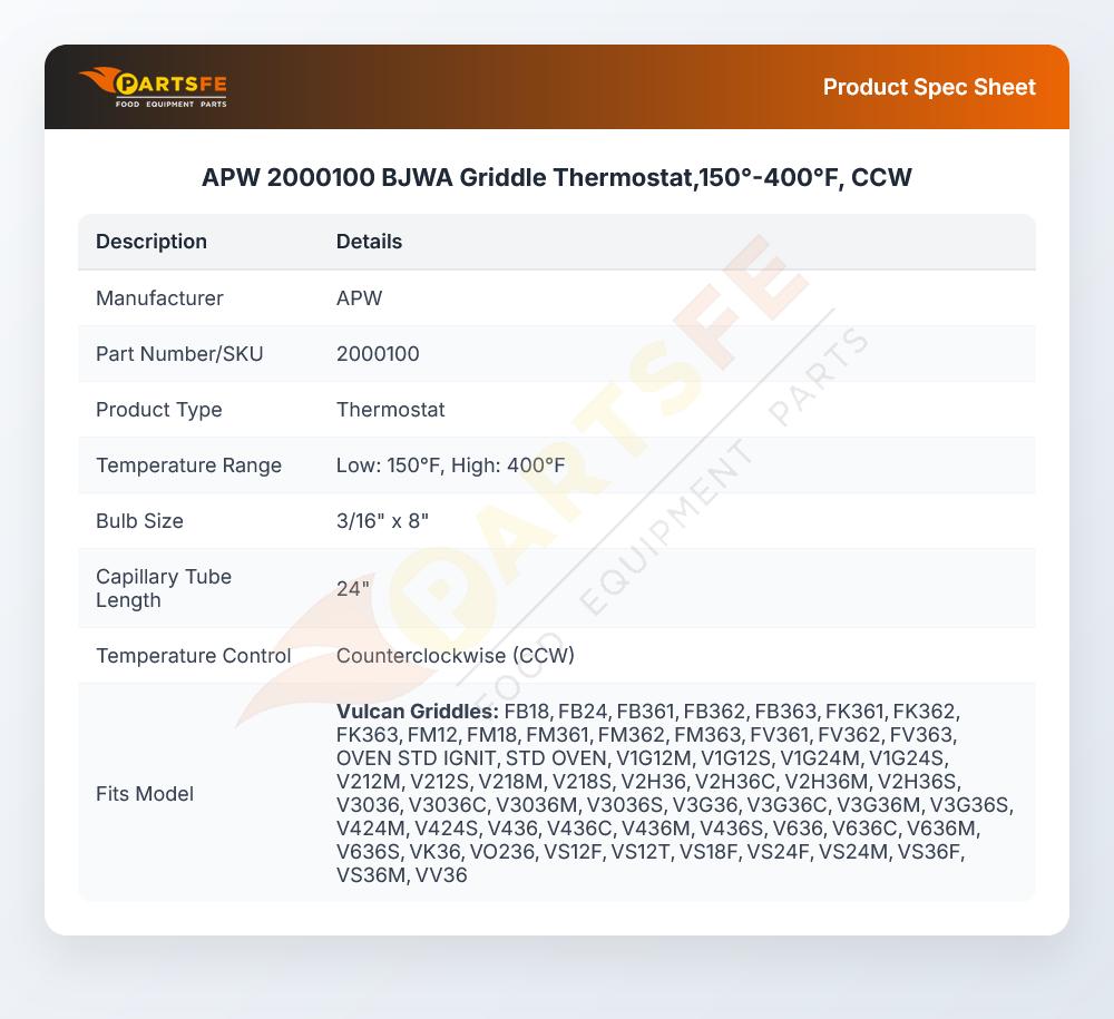 APW 2000100 Thermostat 150&deg;F-400&deg;F CCW BJWA