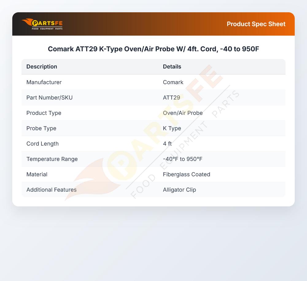 Comark ATT29 K-Type Oven/Air Probe W/ 4ft. Cord, -40 to 950F