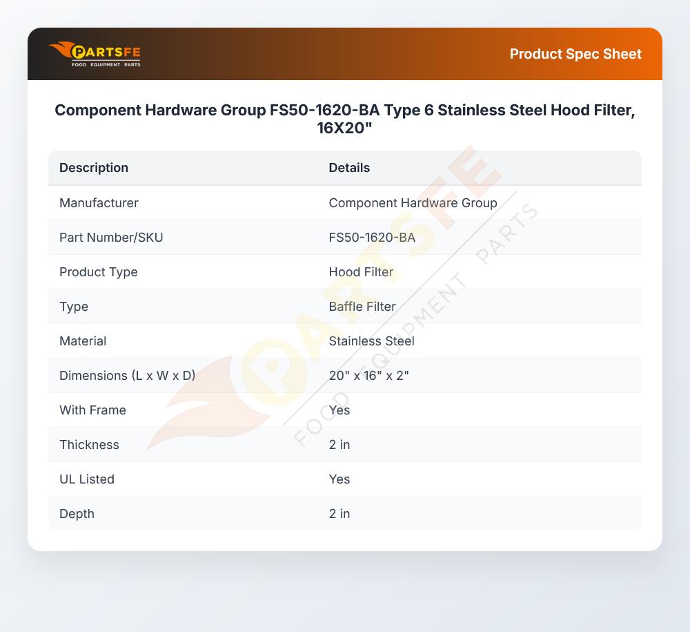 Component Hardware Group FS50-1620-BA Type 6 Stainless Steel Hood Filter, 16X20"