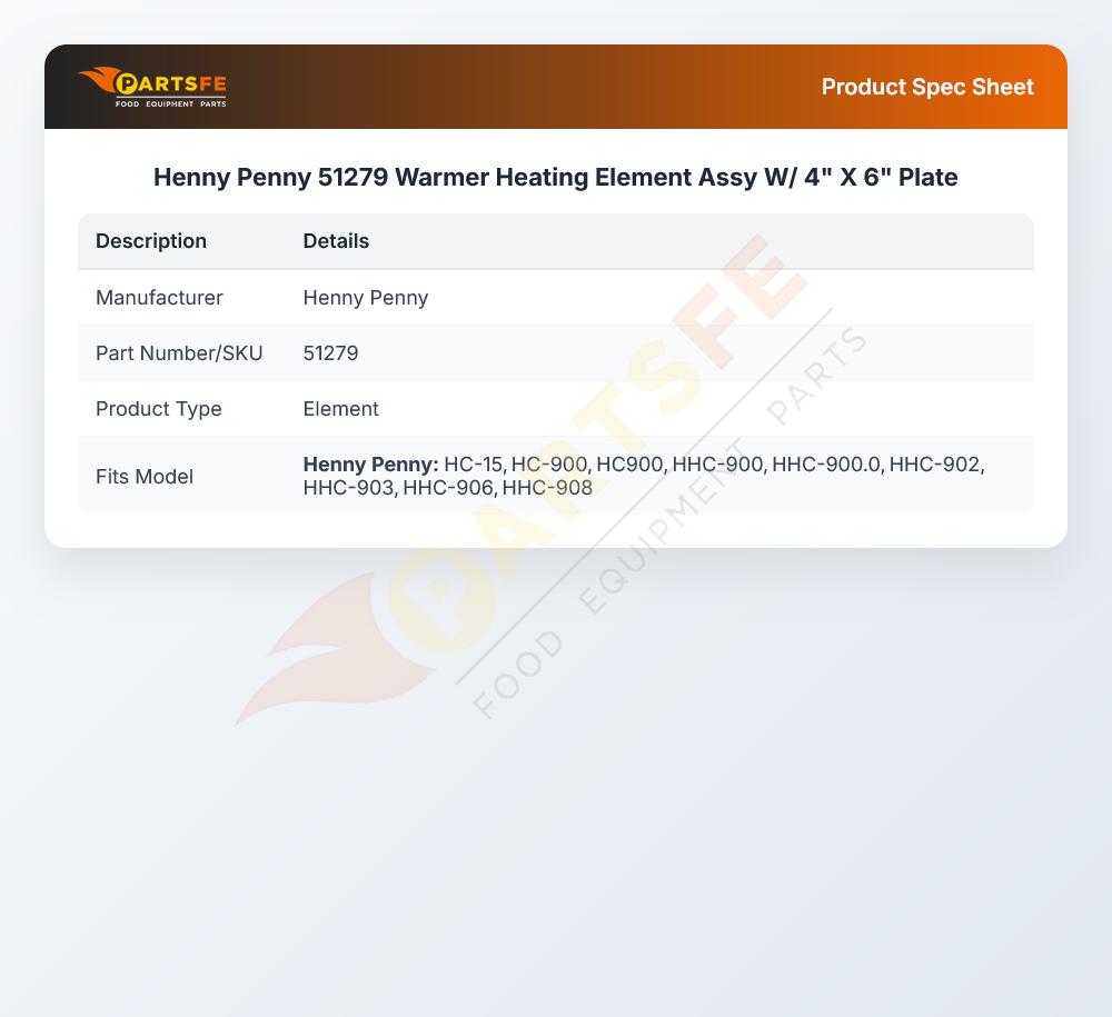 Henny Penny 51279 Holding Cabinet Warmer Heating Element Assembly 4" X 6" Plate
