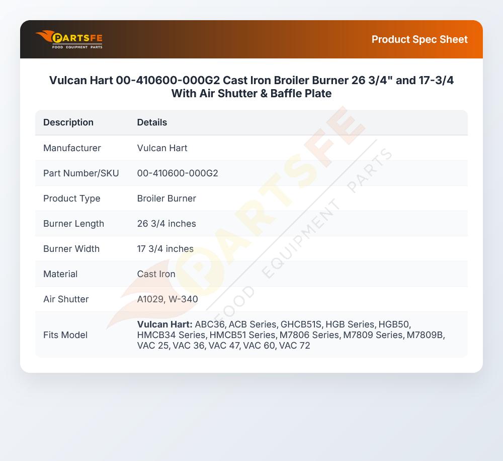 Vulcan Hart 00-410600-000G2 Cast Iron Broiler Burner 26 3/4" and 17-3/4 With Air Shutter & Baffle Plate