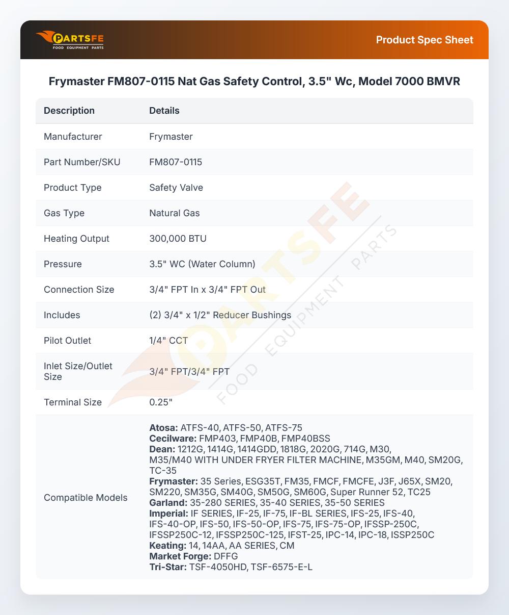 Frymaster FM807-0115 Natural Gas Safety Control 3.5" WC Model 7000 BMVR
