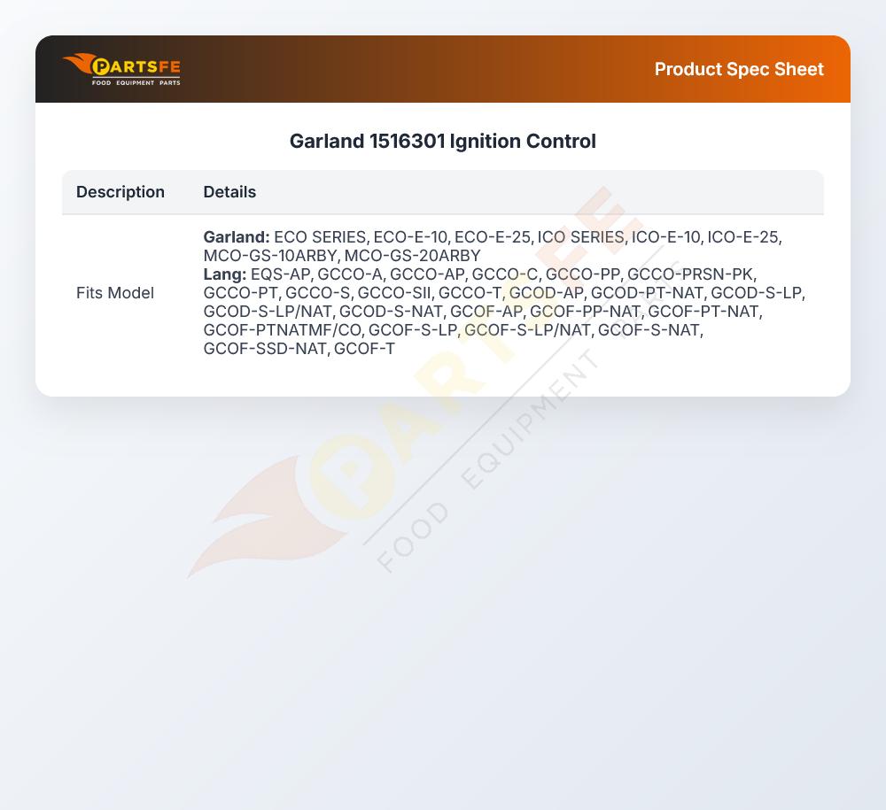 Garland 1516301 Ignition Control