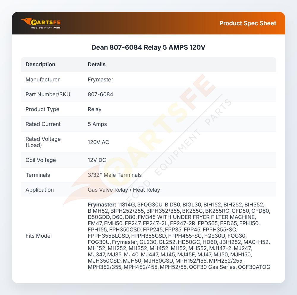 Dean 807-6084 Relay 5 AMPS 120V
