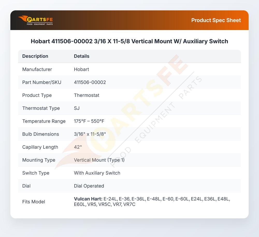 Hobart 411506-00002 Range Vertical Mount W/Auxiliary Switch 3/16" X 11-5/8"