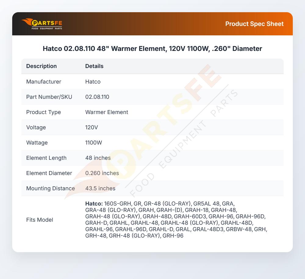 Hatco 02.08.110 48" Warmer Element, 120V 1100W, .260" Diameter