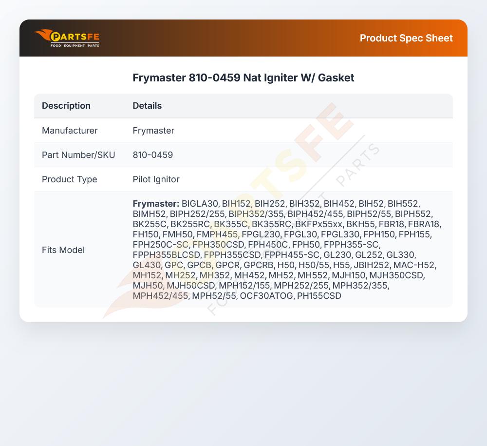 Frymaster 810-0459 Gas Fryer Igniter W/Gasket NAT