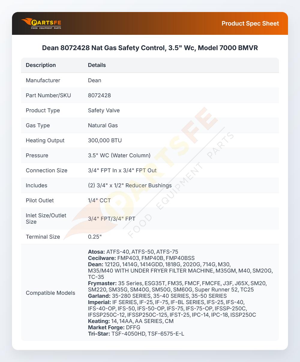 Dean 8072428 Natural Gas Safety Control 3.5" WC Model 7000 BMVR