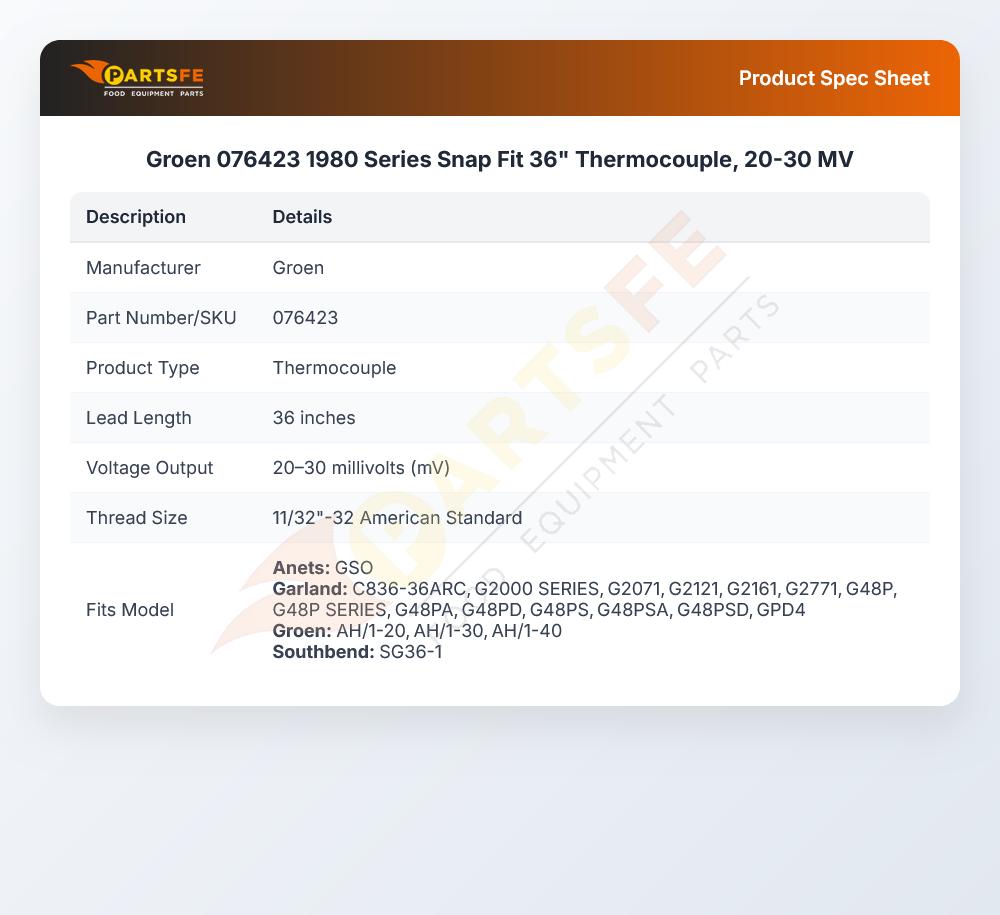 Groen 076423 1980 Series Snap Fit 36" Thermocouple, 20-30 MV