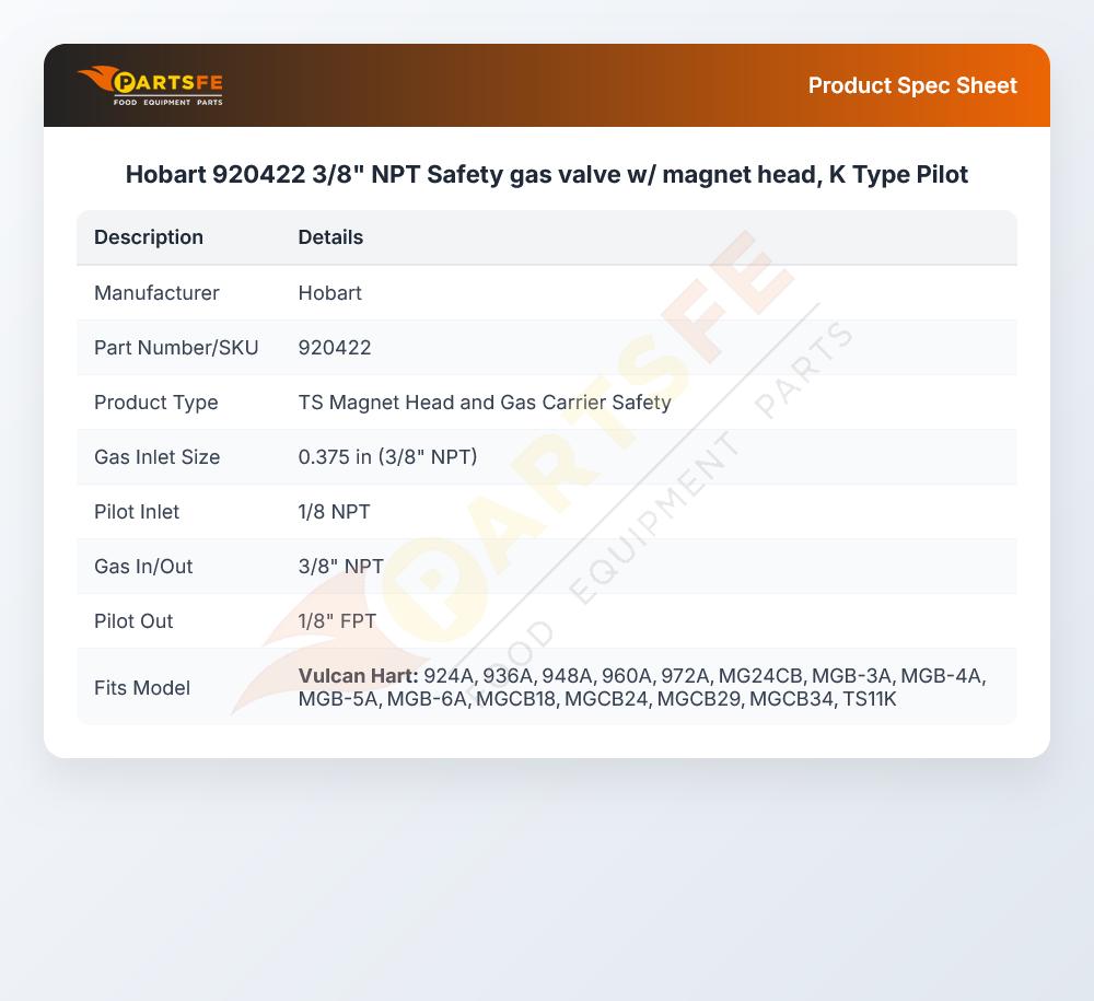 Hobart 920422 K-Type Gas Safety Pilot Valve Body & Magnet Head Assembly 3/8" NPT