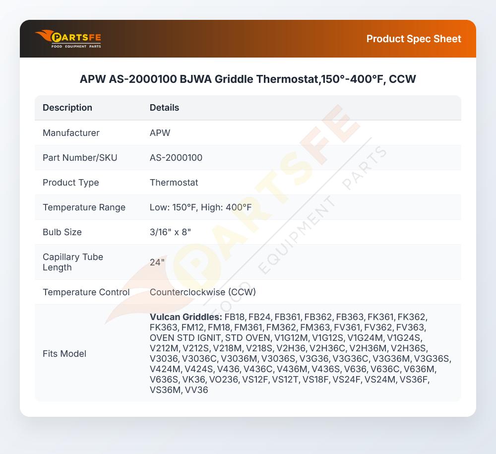 APW AS-2000100 BJWA Thermostat 150&deg;-400&deg;F CCW