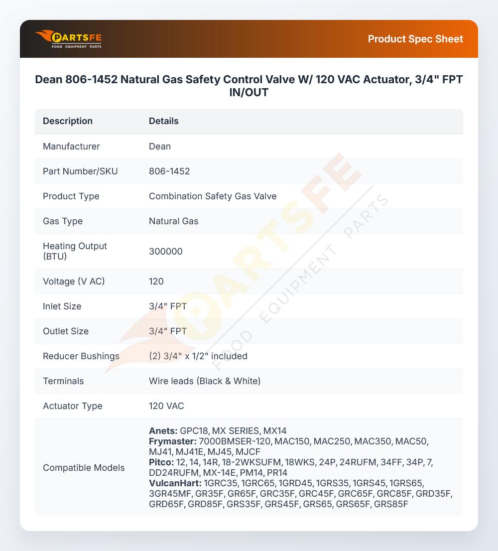 Dean 806-1452 Natural Gas Safety Control Valve 120V 60Hz