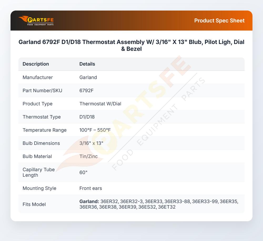 Garland 6792F Thermostat W/Dial 3/16" X 13" D1/D18