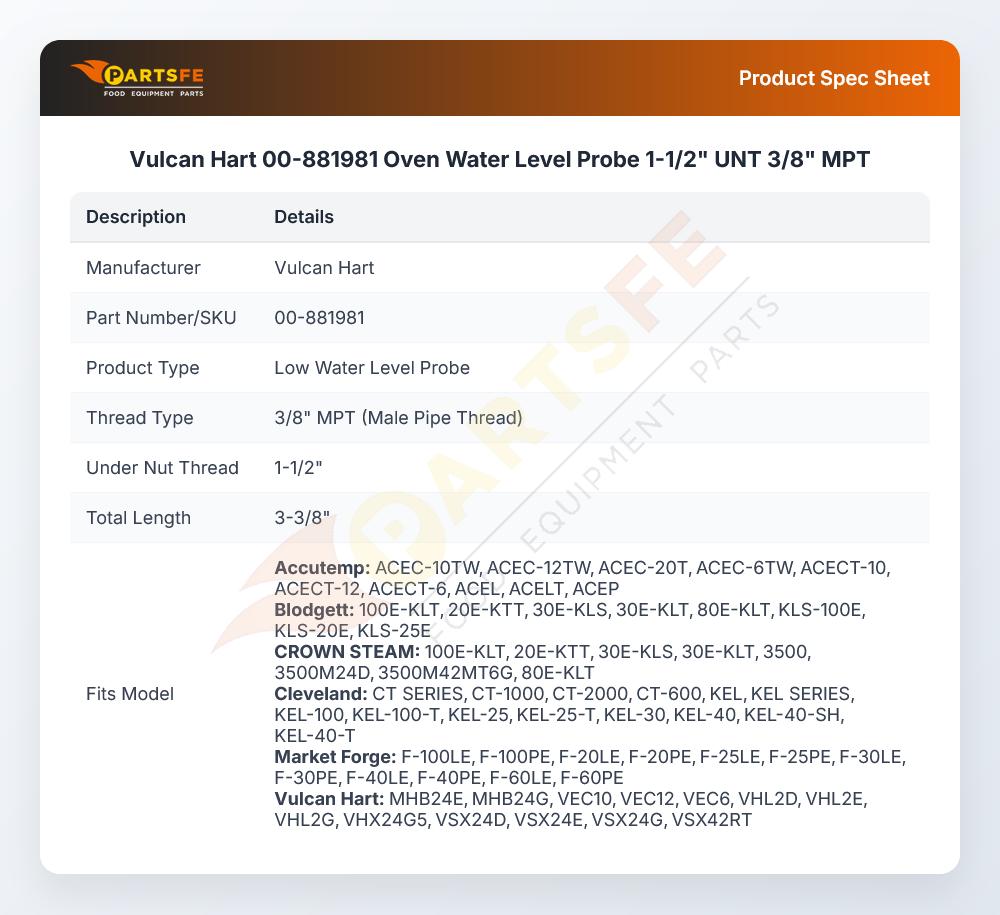 Vulcan Hart 00-881981 Oven Water Level Probe 1-1/2" UNT 3/8" MPT