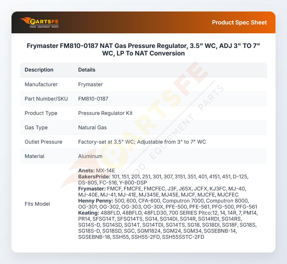 Frymaster FM810-0187 NAT Gas Pressure Regulator, 3.5" WC, ADJ 3" TO 7" WC,  LP To NAT Conversion