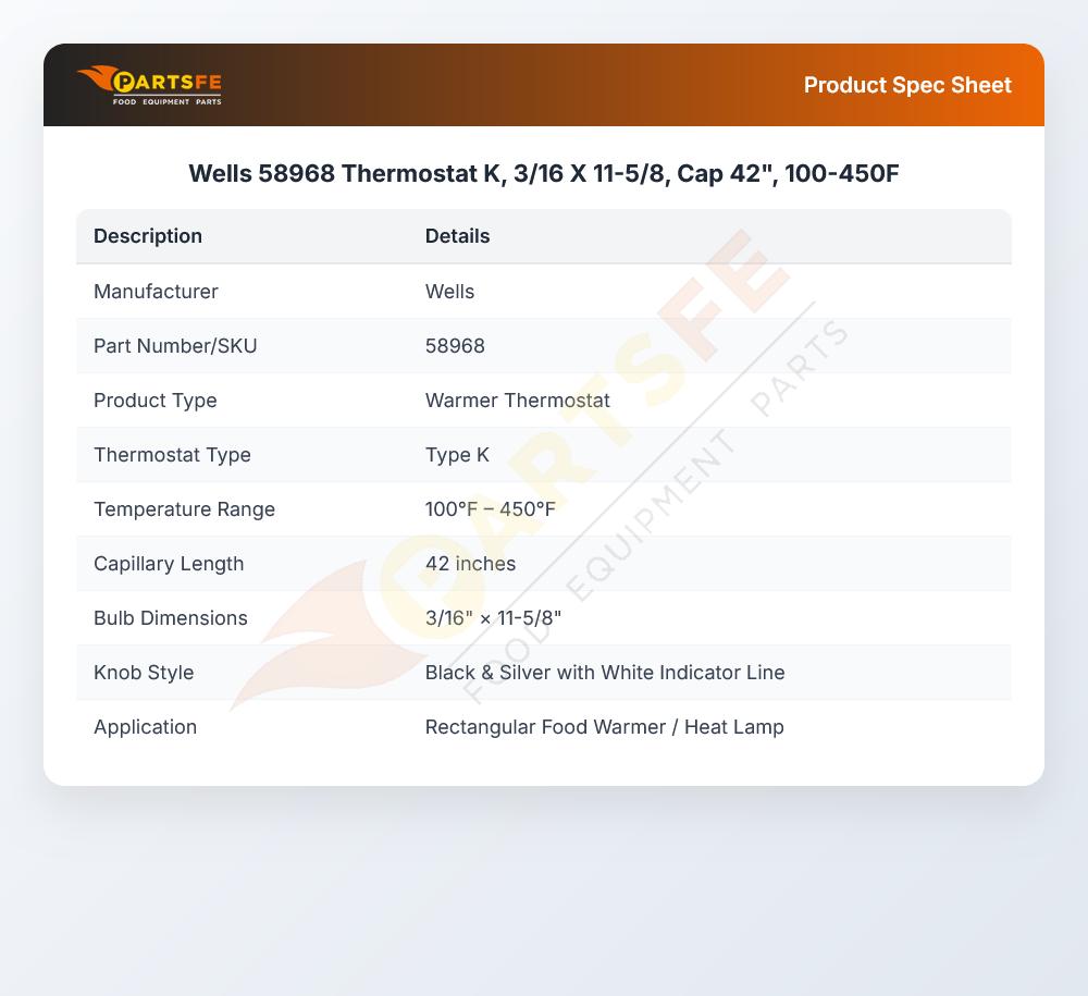 Wells 58968 Thermostat K 3/16" X 11-5/8" CAP 42" 100-450&deg;F