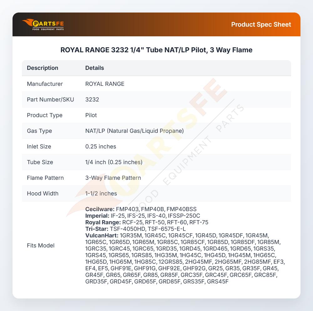 Royal Range 3232 Pilot Burner Propane Gas
