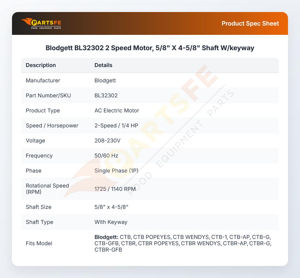 Blodgett BL32302 2-Speed Motor 5/8" X 4-5/8" Shaft W/keyway