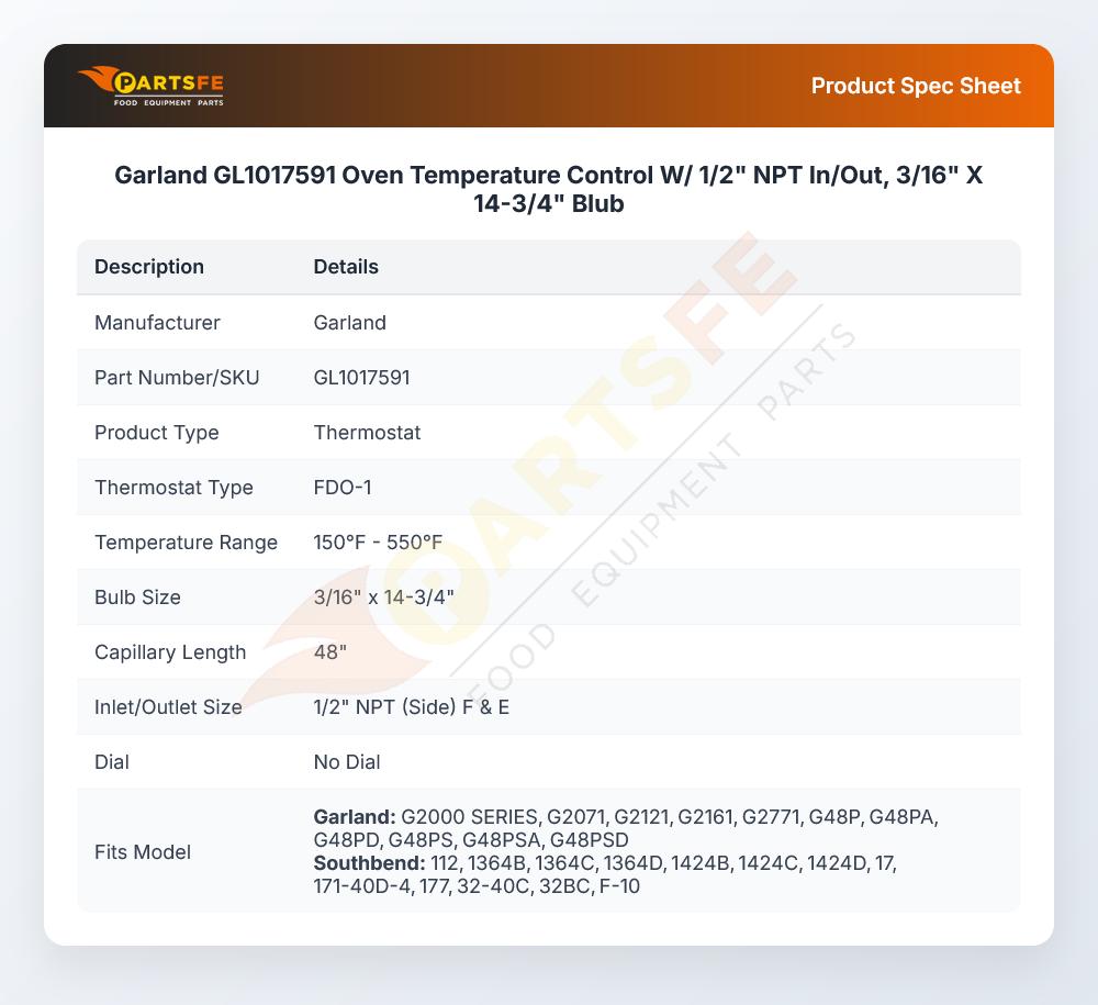 Garland GL1017591 Oven Temperature Thermostat Control W/1/2" NPT In/Out 3/16" X 14-3/4"