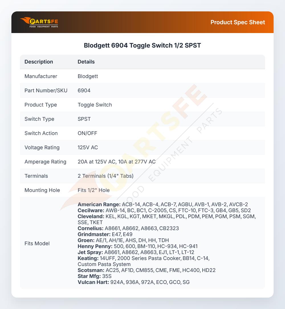 Blodgett 6904 Toggle Switch 1/2 SPST