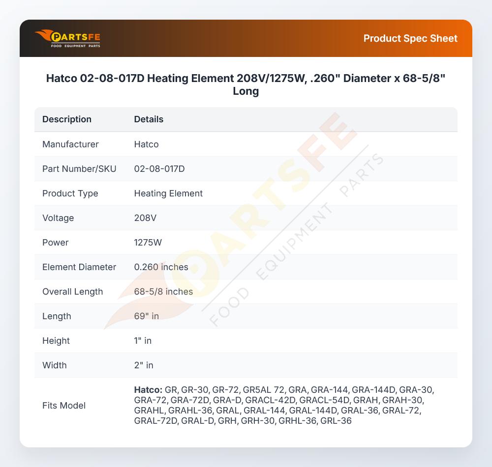 Hatco 02-08-017D Heating Element 208V/1275W, .260" Diameter x 68-5/8" Long