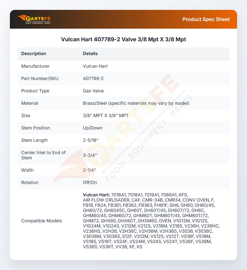 Vulcan Hart 407789-2 Valve 3/8 Mpt X 3/8 Mpt