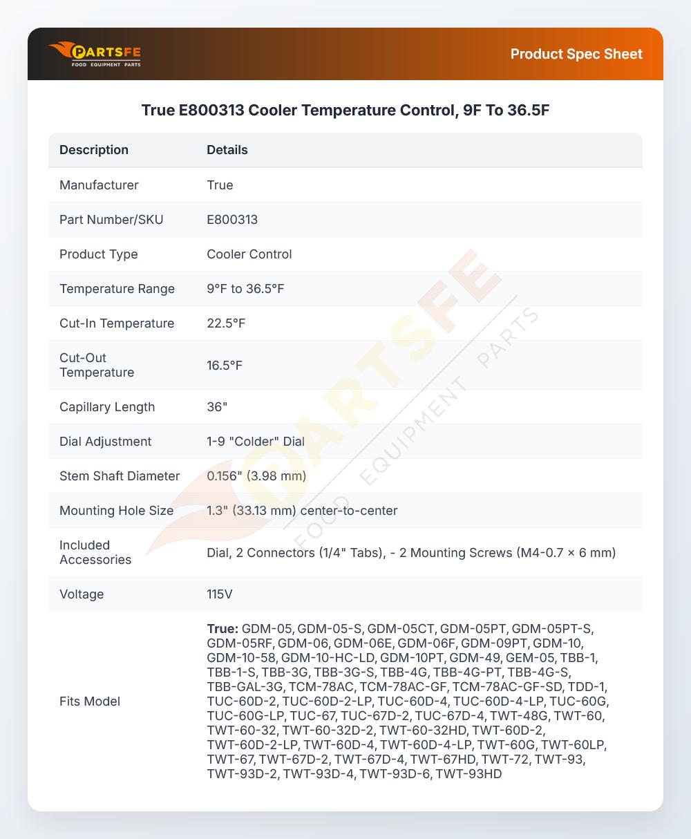 True E800313 Temperature Control 9&deg;F-36.5&deg;F