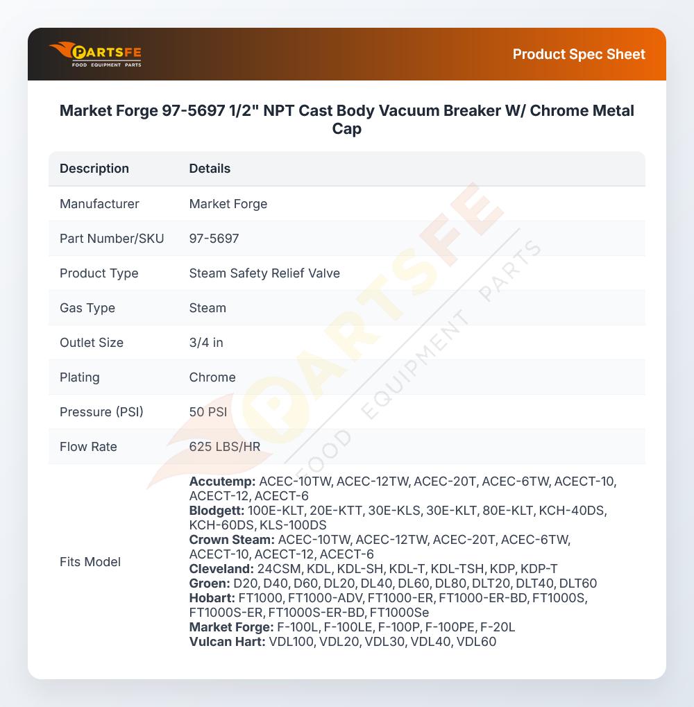 Market Forge 97-5697 Safety Relief Valve 3/4" MNPT 50 PSI