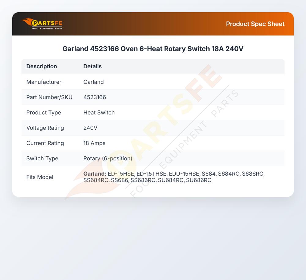 Garland 4523166 Oven 6-Heat Rotary Switch 18A 240V